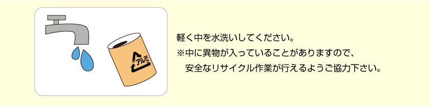 軽く中を水洗いしてください。<br />※中に異物が入っていることがありますので、安全なリサイクル作業が行えるようご協力下さい。